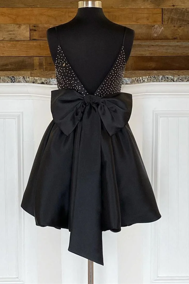 Bow Back Black Beaded Straps Backless Skater Dress gh1381