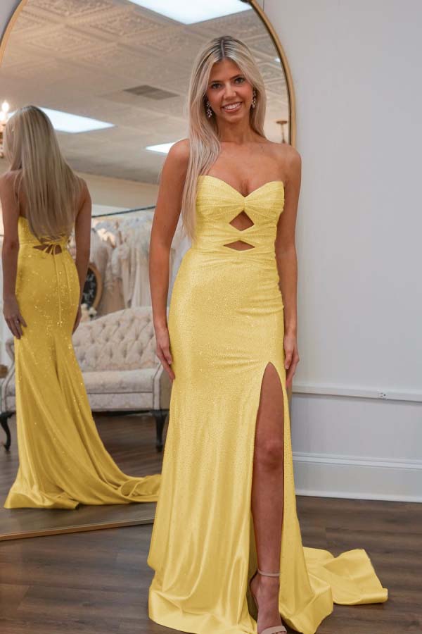 Lovely Light Yellow Diamonds Strapless Split Prom Dress ZT0284