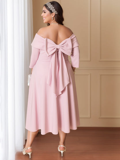 A-Line/Princess Off-the-Shoulder Half Sleeves Tea-Length Wedding Guest Dress With Bowknot