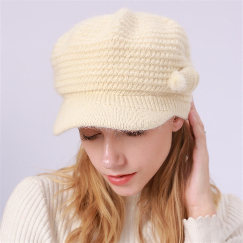 Women's Bow & Pom Poms Decor Thermal Winter Sun Visor Outdoor Knit Hat