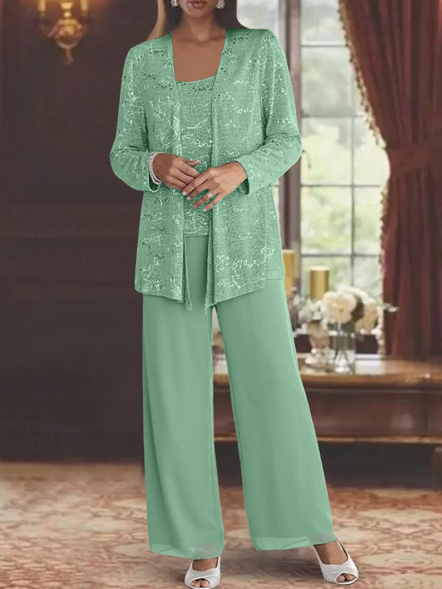 Chiffon Mother of the Bride Pantsuits with Jacket & Sequins