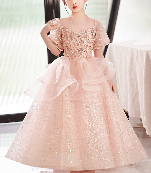 A-Line/Princess Round Neck Short Sleeves Flower Girl Party Dress with Crystal Appliques