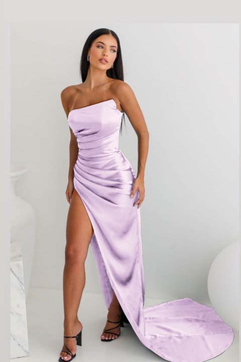 Elegant Teal Strapless Satin Prom Dress With Asymmetric Draping And Thigh-High Split ZT0160