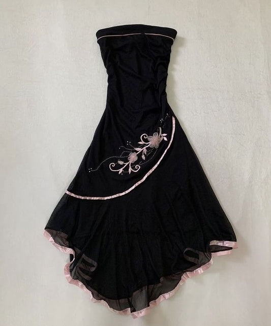 Black tube top embroidered floral long elegant chiffon party dress prom dress evening dress homecoming dress gh3268