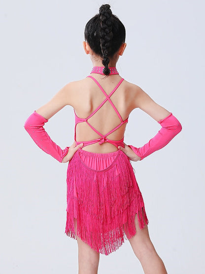 Latin Dance Kids' Dancewear Dress Tassel Side Draping Sleeveless Girls' Performance  Polyester