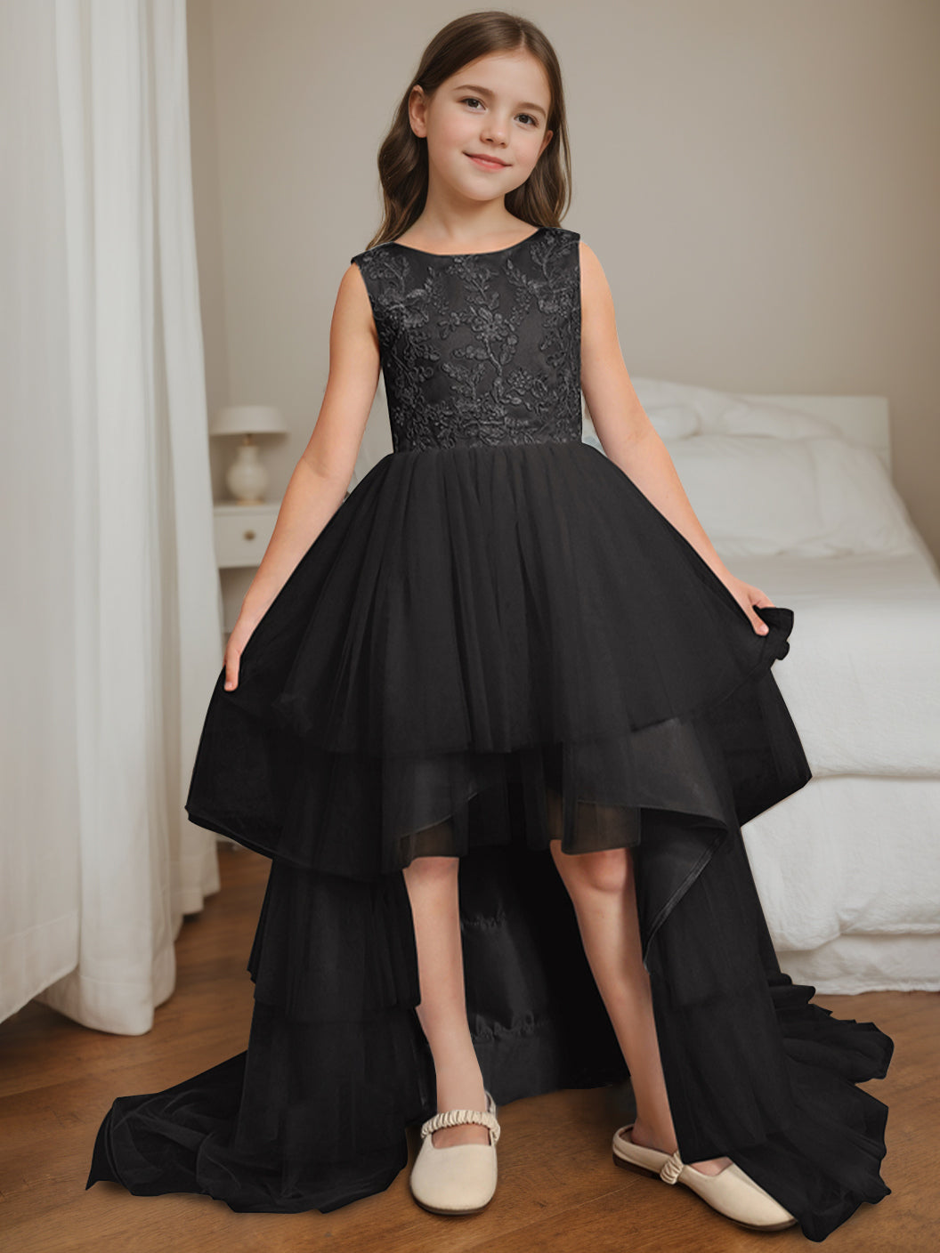 Ball-Gown Scoop Neck Sleeveless Asymmetrical Flower Girl Dress with Bowknot