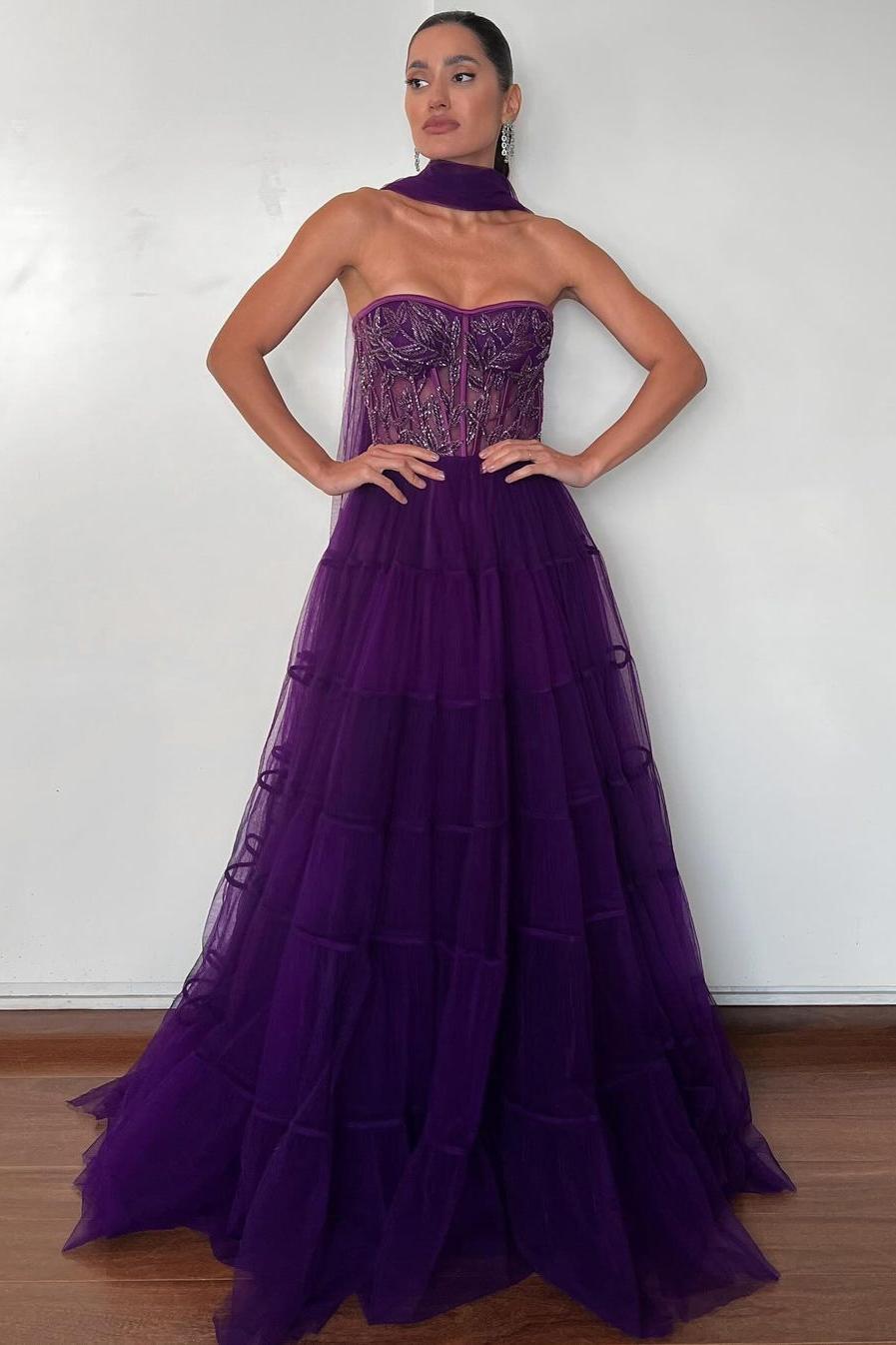 edgynewlook Exquisite Regency Tulle Sleeveless Strapless Long Prom Dress with Applique