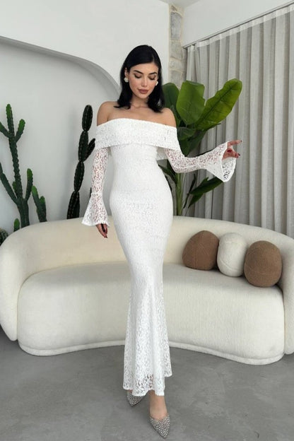 White Slim Fit Lace Mermaid Strapless Long Sleeves Prom Dress ZT0308