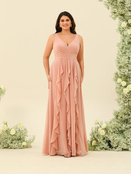 A-Line/Princess V-Neck Sleeveless Long Plus Size Ruched Bridesmaid Dresses with Ruffles