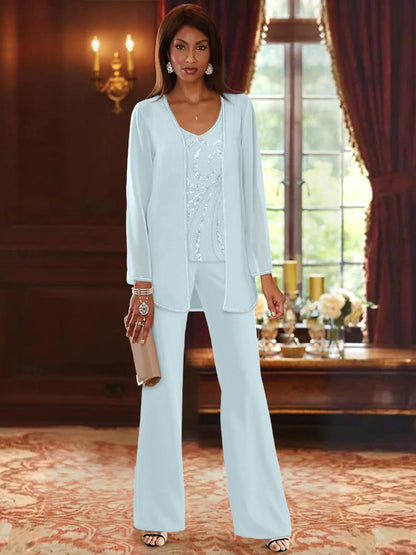 Chiffon V-Neck Floor-Length 3 Pieces Mother of the Bride Pantsuits with Jacket & Sequins