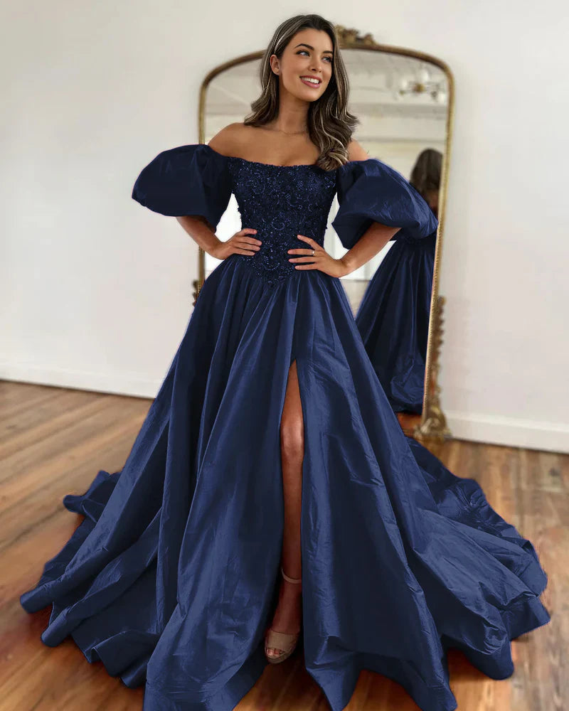 Liana |A-Line Off The Shoulder Taffeta Prom Dress With Short Puffy Sleeves