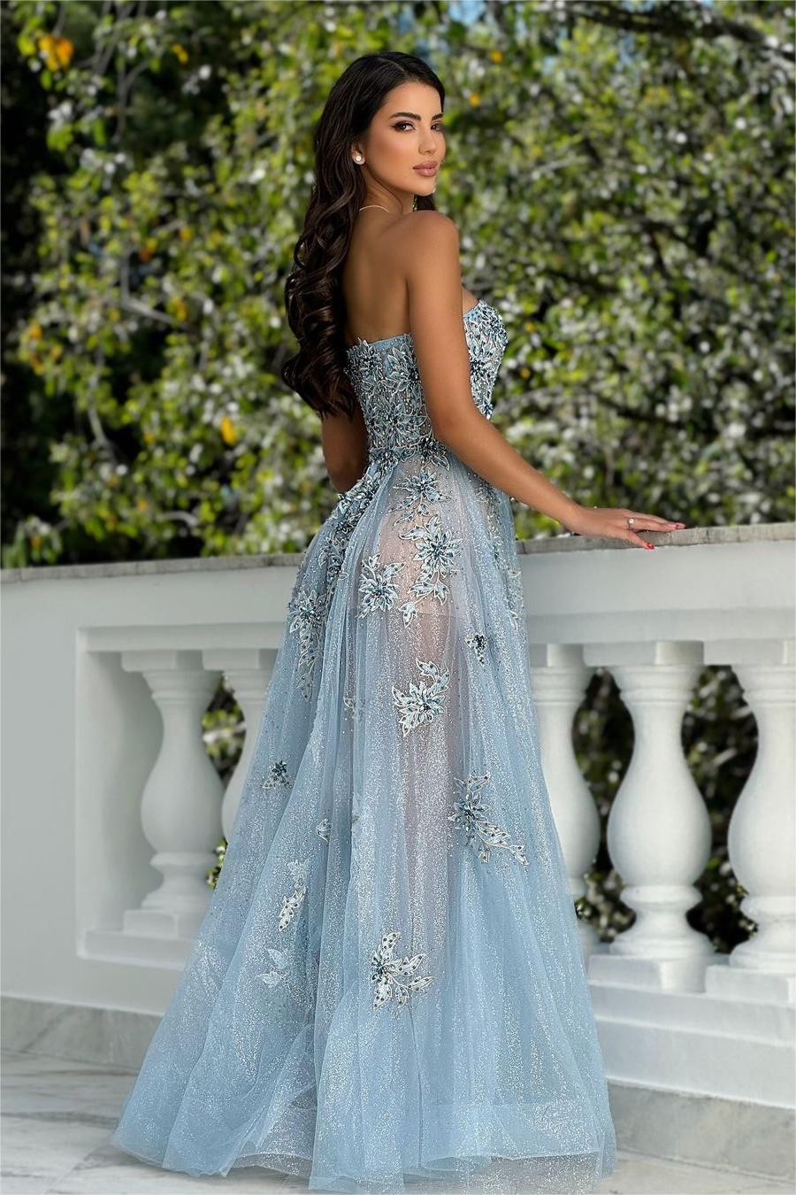 edgynewlook Shinning Tulle Light Blue Sleeveless Strapless Beadings Prom Dress with Applique