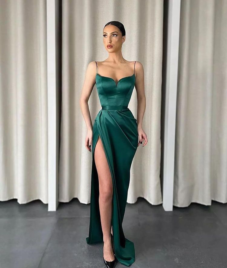 Spaghetti -Straps Dark Green Mermaid Sweetheart Prom Dress With Split Online ED0059