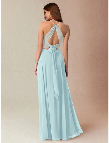 A-Line/Princess Halter Floor-length Long Bridesmaid Dresses