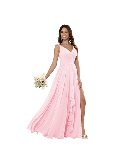 A Line/Princess Chiffon V Neck Sleeveless Floor-Length Bridesmaid Dresses