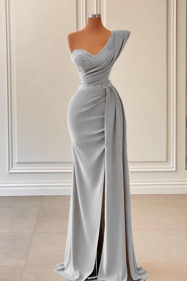 Sage One-Shoulder Split Mermaid Prom Dress With Beadings PD0781