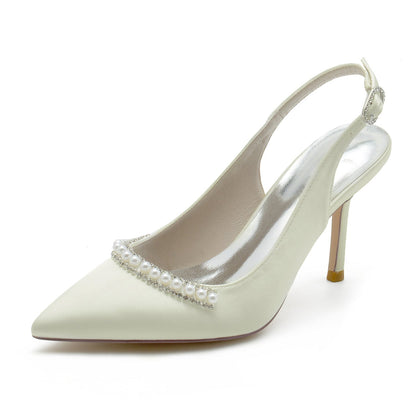 Women's Wedding Shoes Silk Satin White Pearl Stiletto Pointed Toe Buckle Bridal Shoes