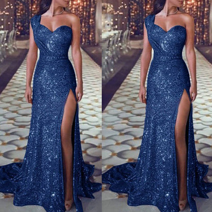 Sheath/Column One-Shoulder Floor-length Long Prom Dresses With Split Side