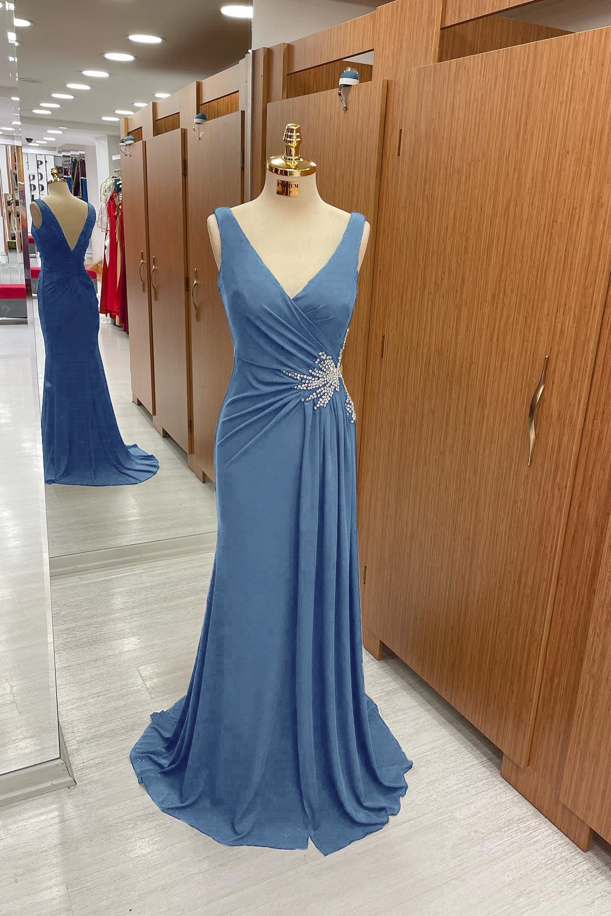 Gorgeous Dark Navy Straps V-Neck Pleated Prom Dress With Rhinestone ED0291