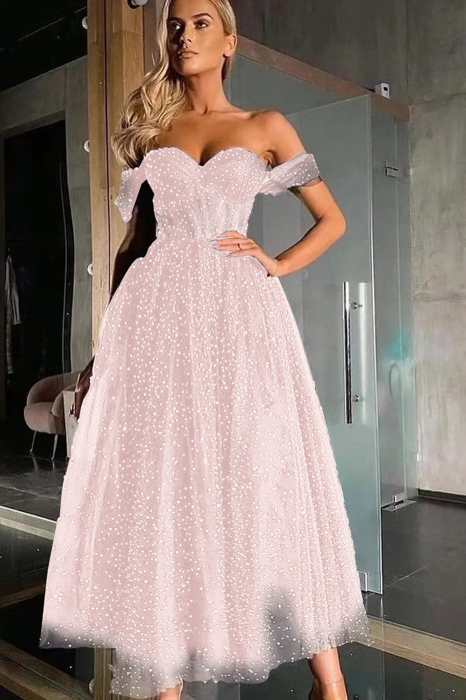 Black Off-The-Shoulder Sweetheart A-Line Beads Prom Dress With Tulle ED0266