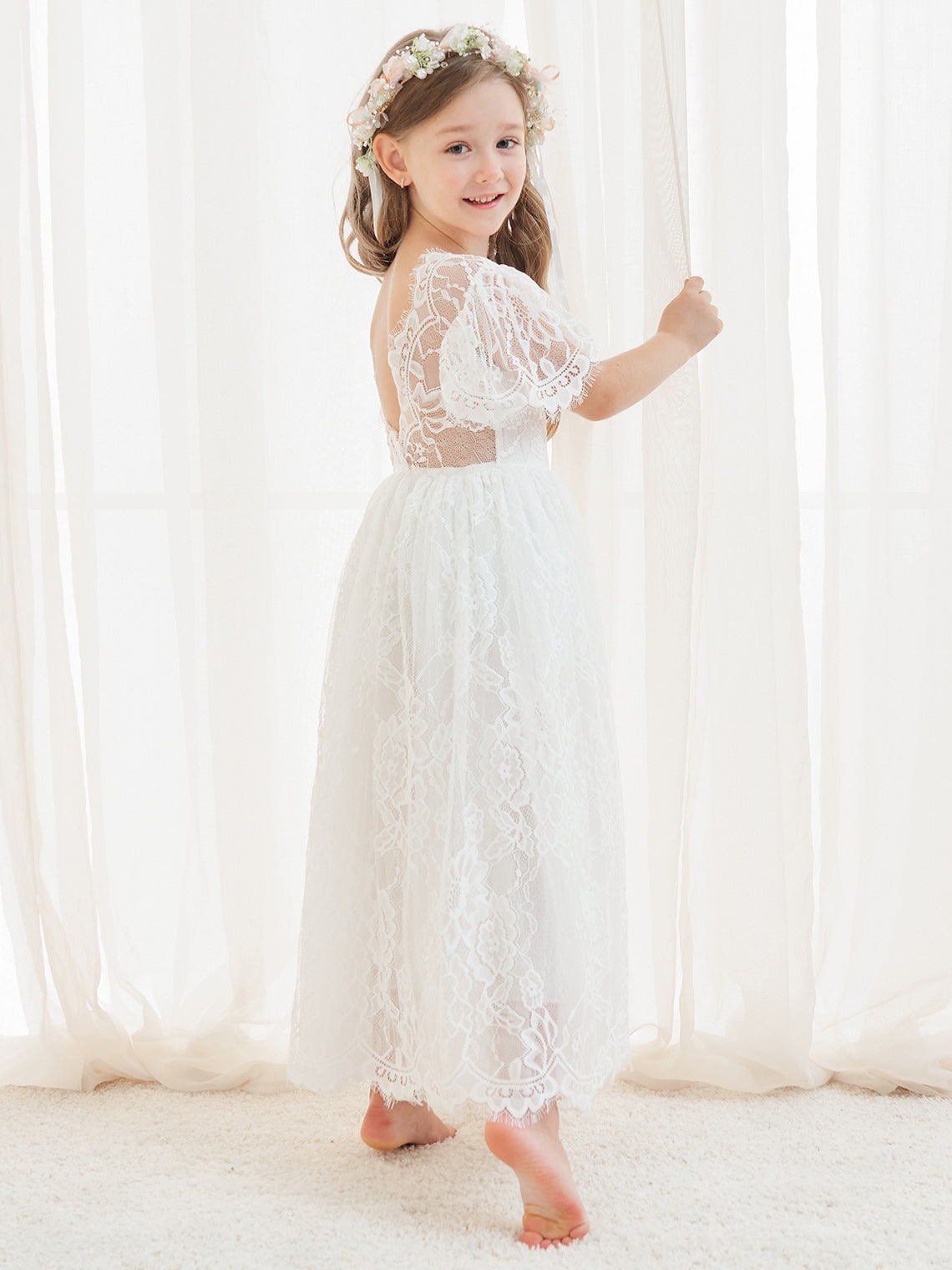 A-line Lace Ankle-length Ivory Boho Flower Girl Dress