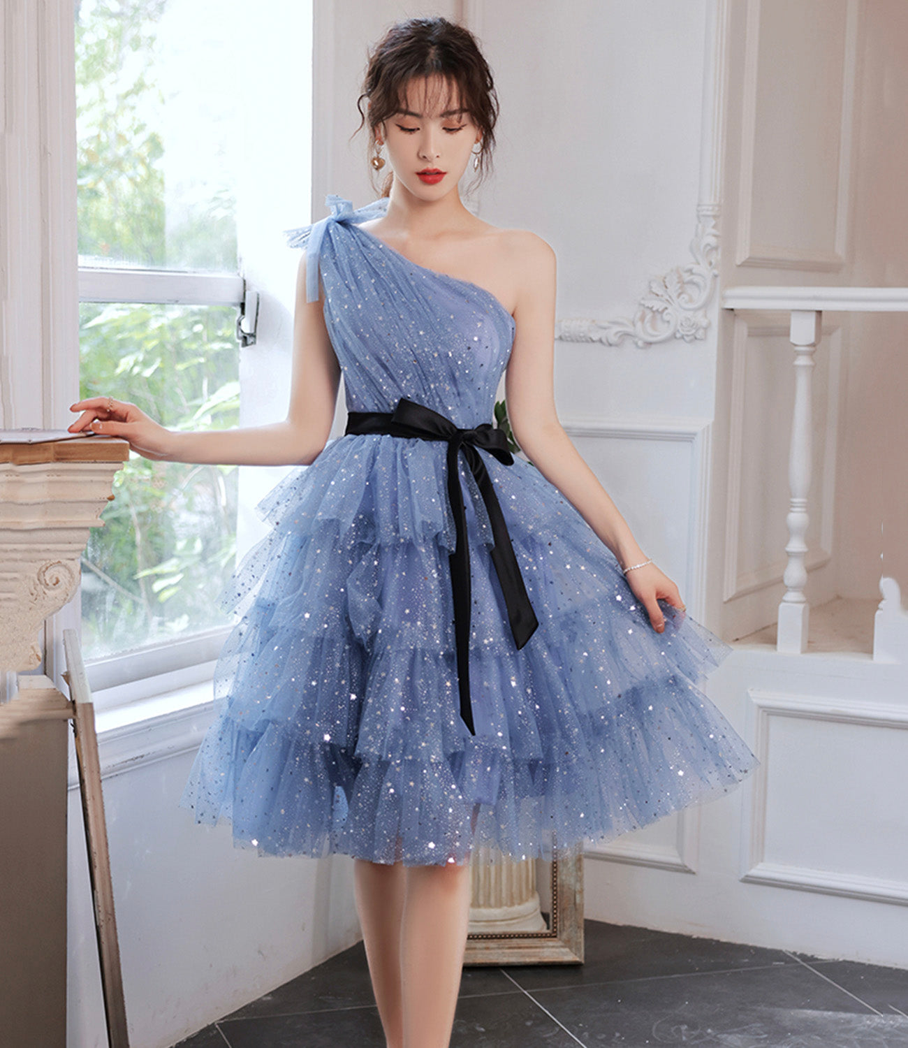 Blue tulle short prom dress one shoulder evening dress  8895