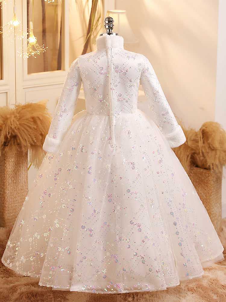 Long Sleeves Ball Gown Shinning Girl Winter Party Dress with Crystal Appliques