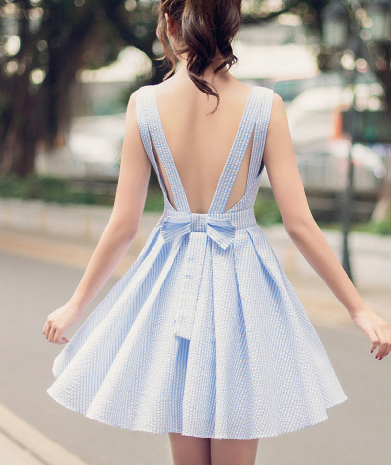 Cute blue v neck short dress with bow fashion girl dress  1008