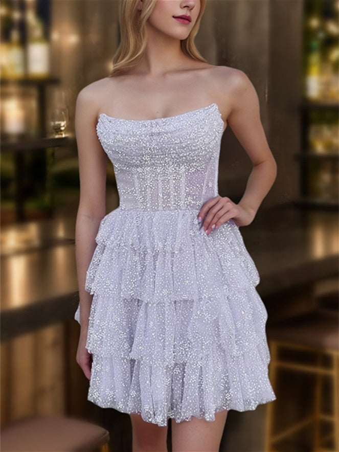 A-Line/Princess Strapless Sleeveless Short/Mini Party Dance Cocktail Homecoming Dress With Pleats & Ruffles