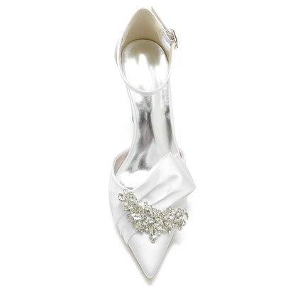 Women's Wedding Shoes Silk Satin Rhinestone Chunky Pointed Toe Buckle Bridal Shoes