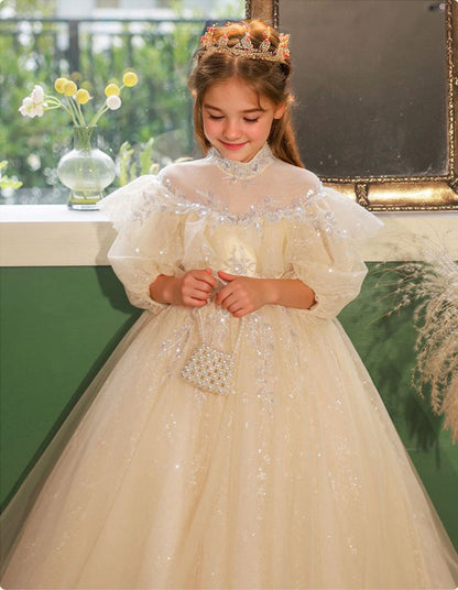 3/4 Sleeves High Neck A-Line/Princess Lace Flower Girl Dress with Rhinestone Appliques