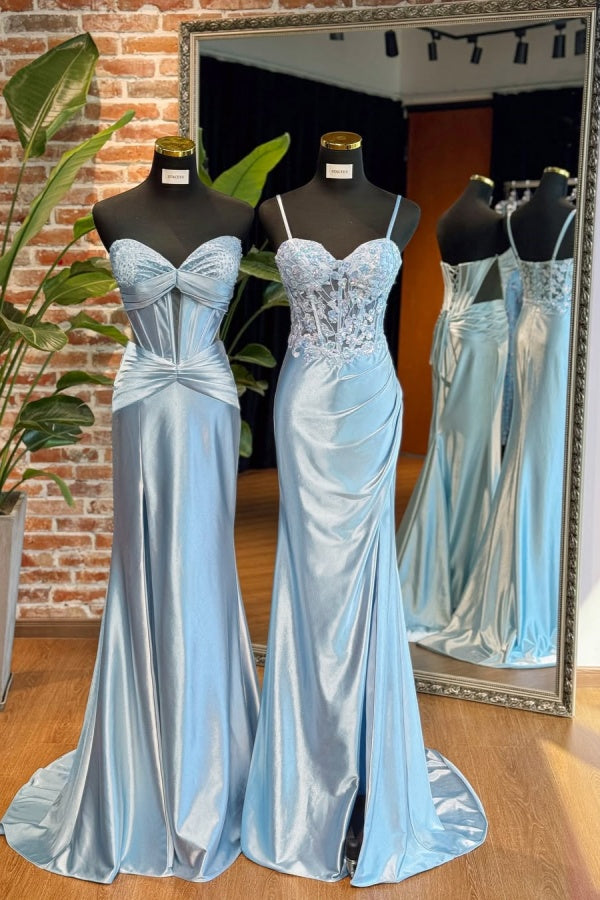 Sky Blue Spaghetti-Straps Split Sweetheart Appliques Prom Dress ZT0621