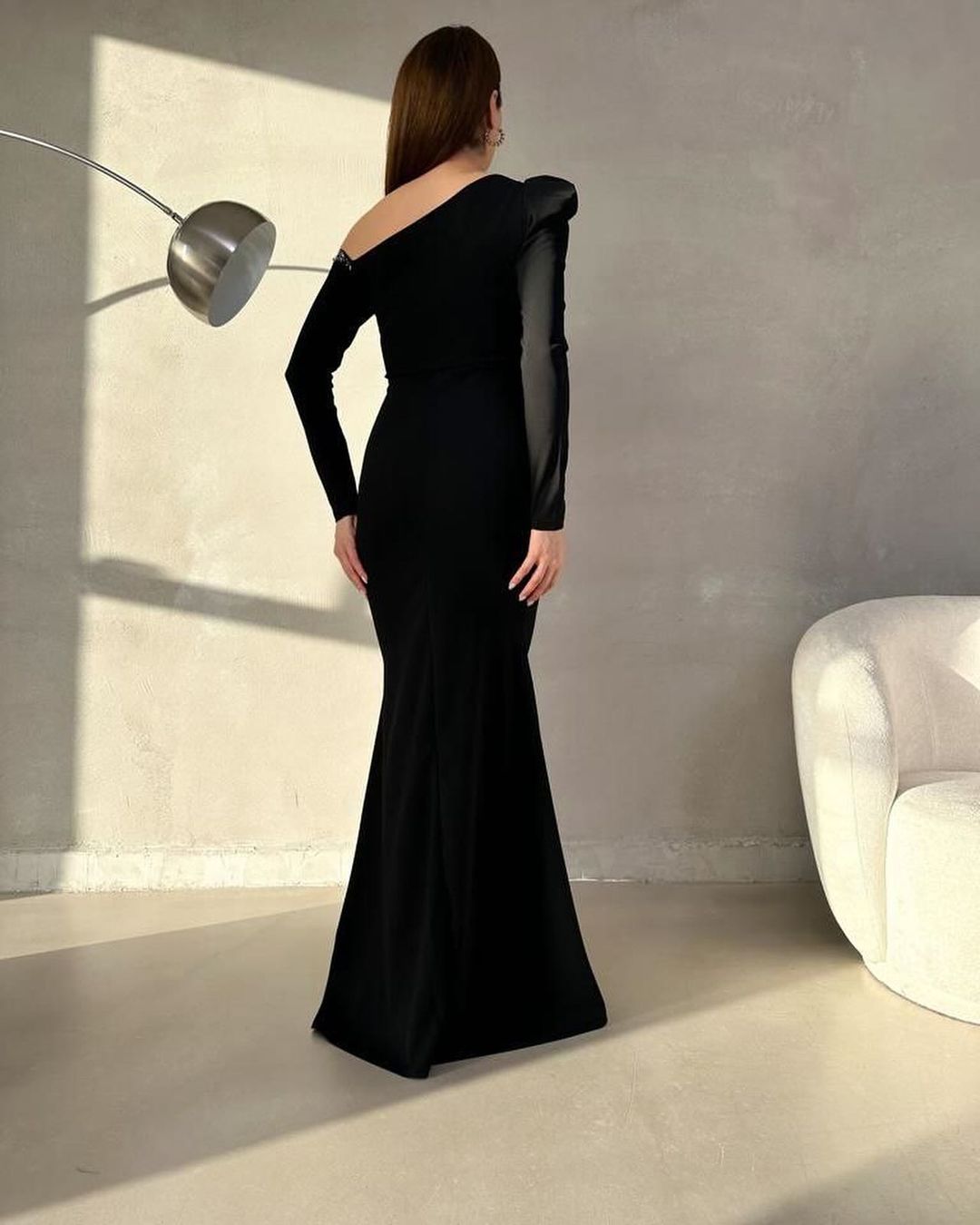 Black Slim Fit Mermaid One-Shoulder Long Sleeves Prom Dress ZT0307