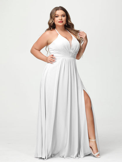 A-Line/Princess Halter Sleeveless Floor-Length Plus Size Bridesmaid Dresses with Pockets & Split Side