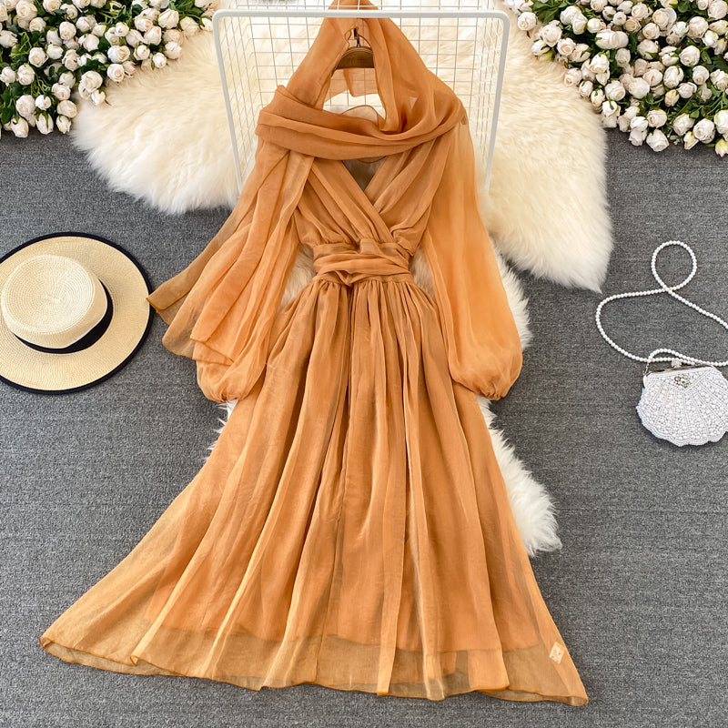 Cute V Neck Soft Chiffon Dress Fashion Girl Dress And Scarf  10791