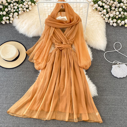 Cute V Neck Soft Chiffon Dress Fashion Girl Dress And Scarf  10791