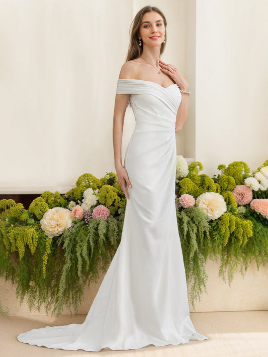 Trumpet/Mermaid Off-the-Shoulder Floor-Length Wedding Dress with Ruffles