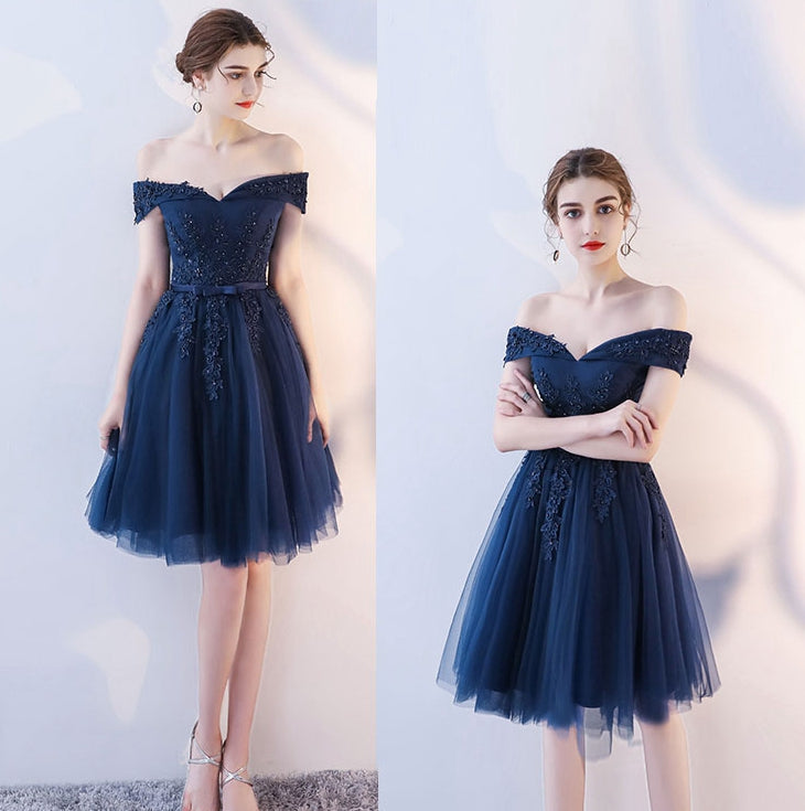 Dark blue lace v neck short prom dress, homecoming dress  7780