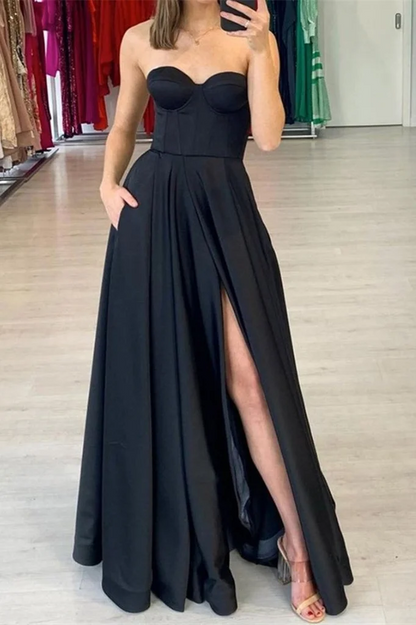 Black Sweetheart Prom Dress Split With Pockets PD0391