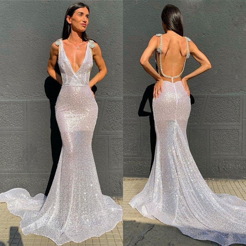 Deep V-Neck Sequins Mermaid Prom Dress Open Back PD0599