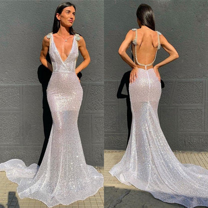 edgynewlook Deep V-Neck  Mermaid Prom Dress Open Back Sequins