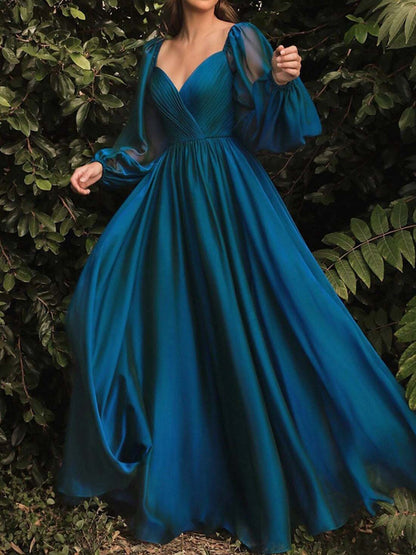 A-Line/Princess V-Neck Long Sleeves Floor-length Long Dresses