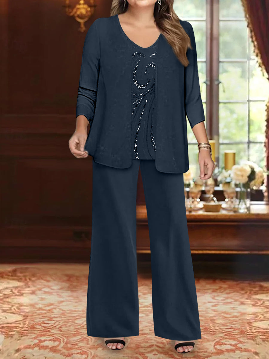 Chiffon V-Neck Floor-Length 3 Pieces Plus Size Mother of the Bride Pantsuits with Jacket & Sequins