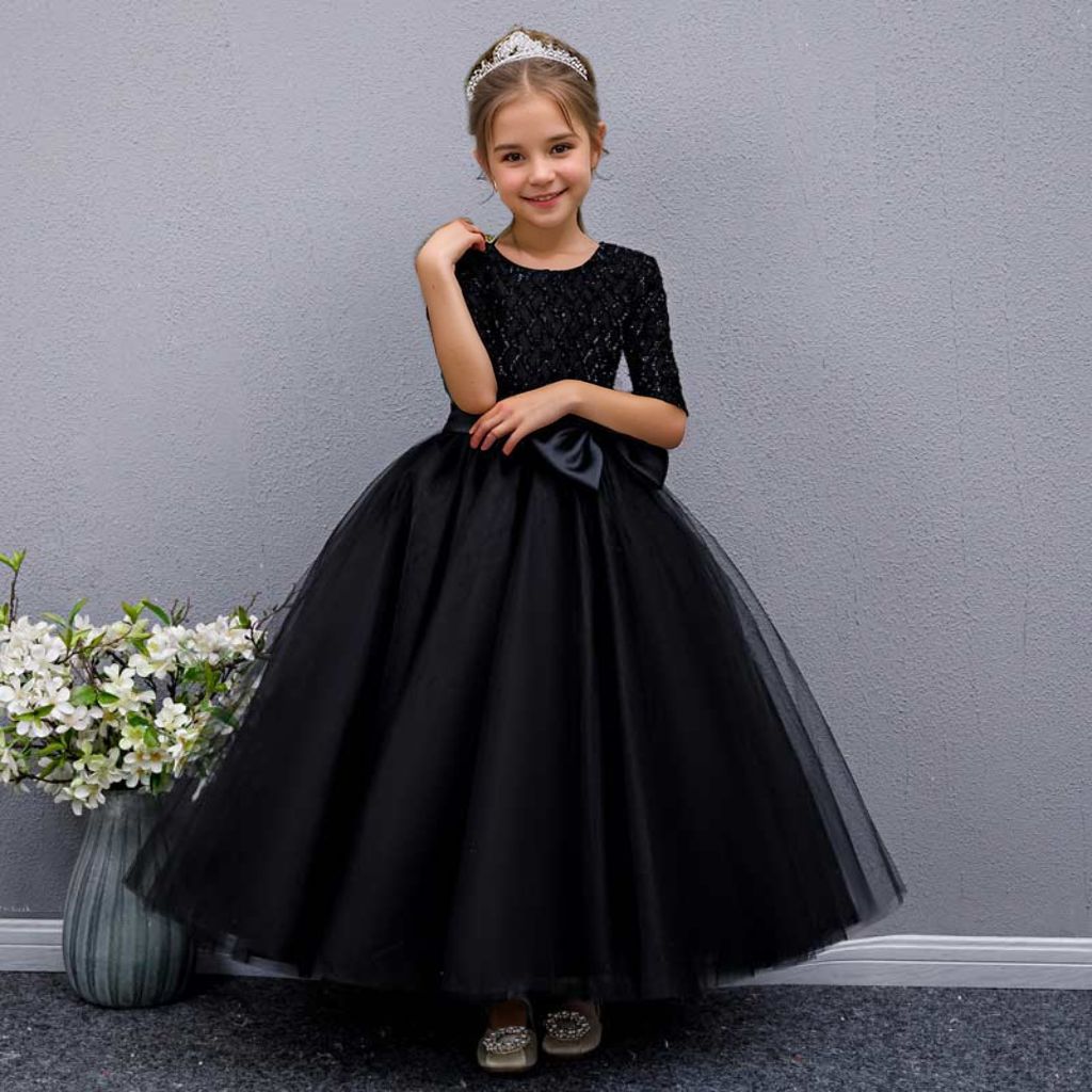 Floor Length Half Sleeves Round Neck A-Line/Princess Girl Party Dress with Bow