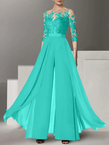 A-Line/Princess Jewel Neck 3/4 Length Sleeves Floor-Length Mother of the Bride Pantsuits with Applique