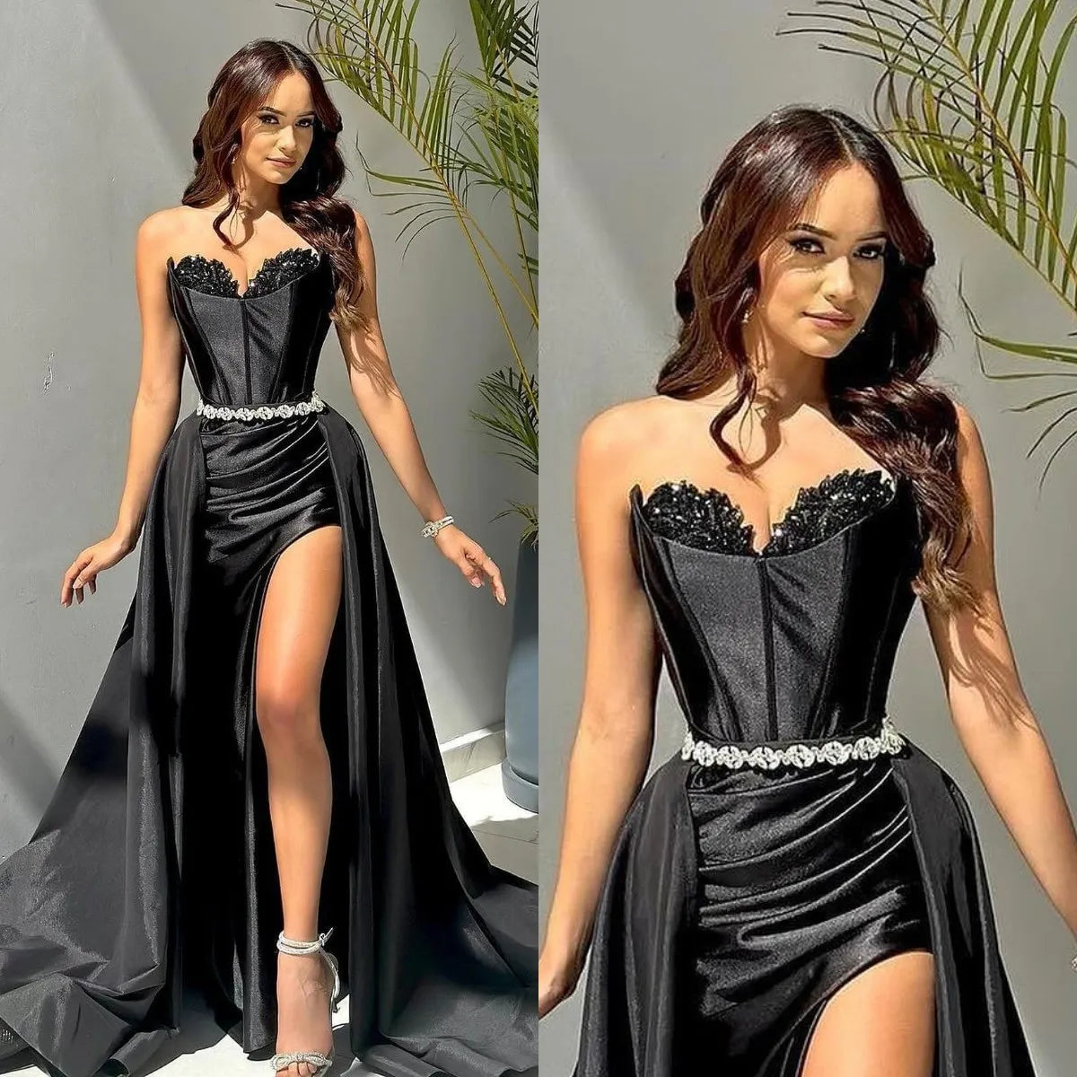 Glamorous Black Strapless Prom Dress Belt Split Dress LY0020