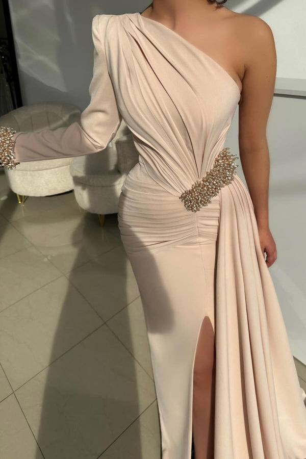 One-Shoulder One-Sleeve Beadings Split Pleated Prom Dress ZT0600