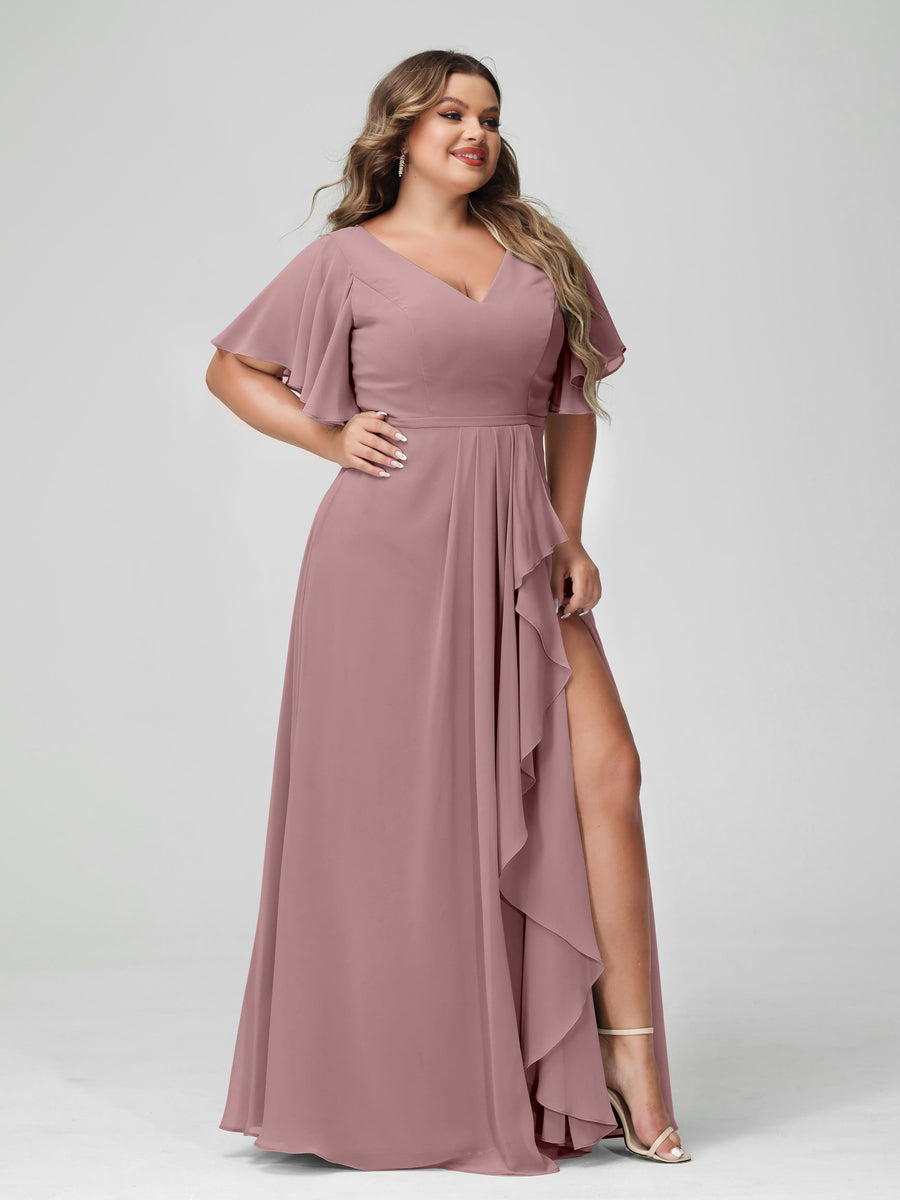 A-Line/Princess V-Neck Half Sleeves Chiffon Plus Size Bridesmaid Dresses with Split Side & Ruffles