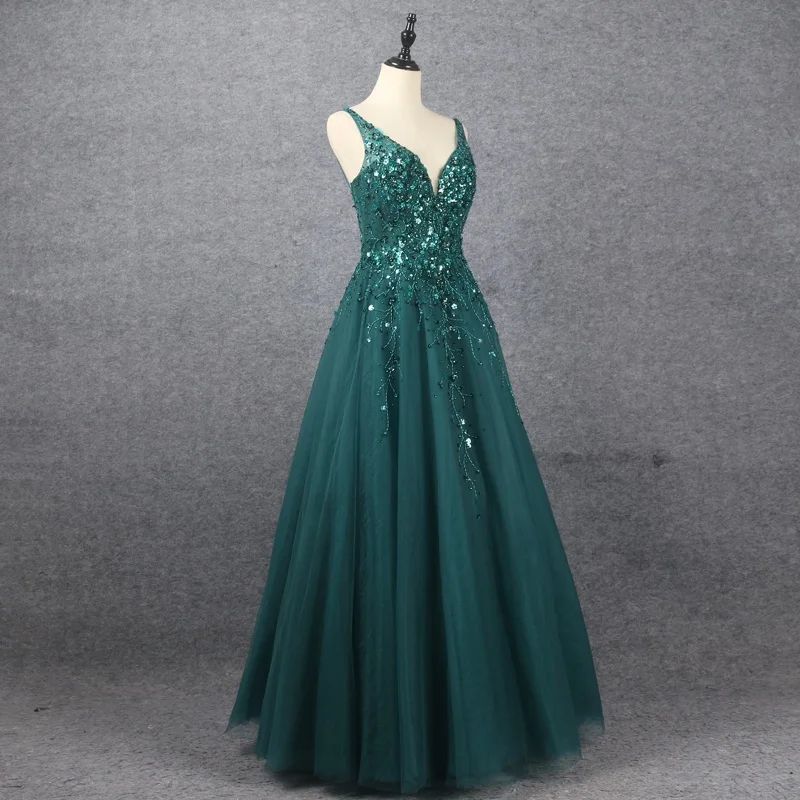 Edgynewlook Emerald V Neck Floor Length Prom Dress A Line Sleeveless With Appliques