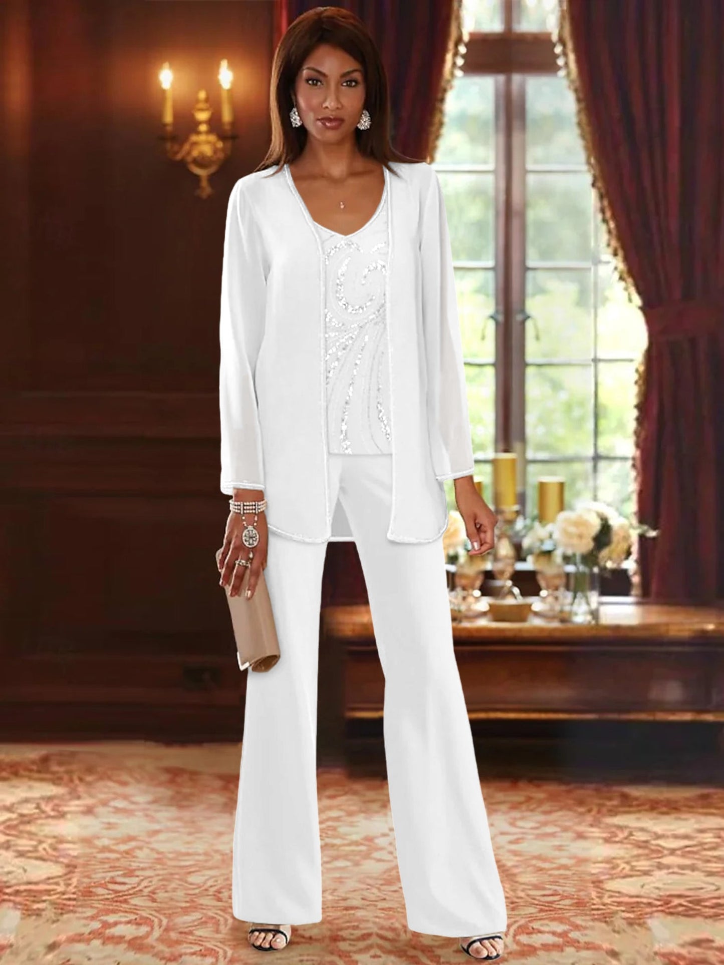 Chiffon V-Neck Floor-Length 3 Pieces Mother of the Bride Pantsuits with Jacket & Sequins